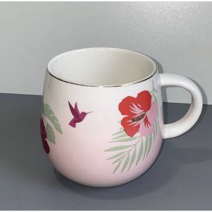 DAVIDS TEA Raindrop Mug White Hibiscus Flower Hummingbird Pink Ombre Gold Trim